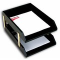 Black Legal Size Classic Leather Double Front Load Tray w/ Gold Posts